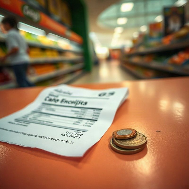 Ticket de supermercado uruguayo y monedas sobre una superficie cálida