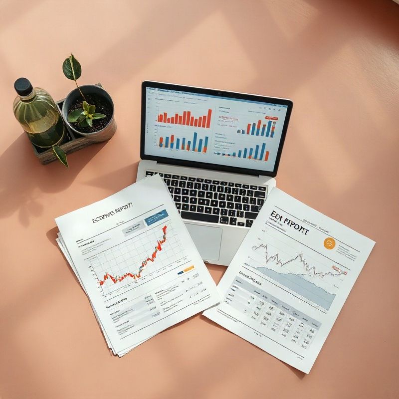 Informes económicos impresos y un portátil con gráficos sobre un escritorio en tonos cálidos