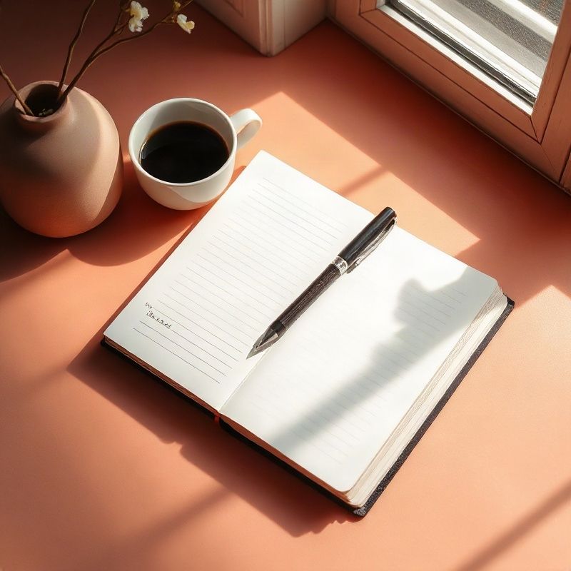 Escritorio con cuaderno, lapicera y taza de café bajo luz cálida